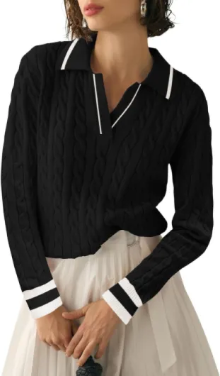 Womens Fall Long Sleeve Sweaters Lapel V Neck Cable Knitted Pullover Casual Soft Jumper Top Black and White Stripe XX-Large