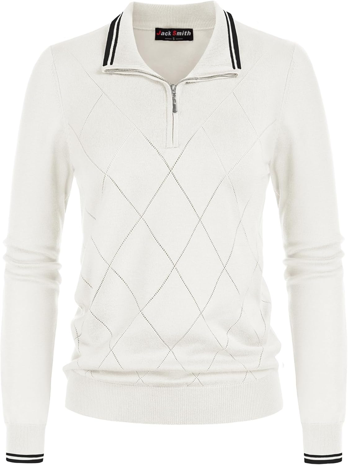 Pullover Sweaters for Women Long Sleeve Argyle Quarter Zipper Collar Polo Sweater Ribbed Knit Golf Tops X-Large Ivory