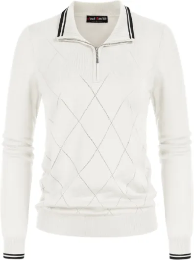 Pullover Sweaters for Women Long Sleeve Argyle Quarter Zipper Collar Polo Sweater Ribbed Knit Golf Tops X-Large Ivory
