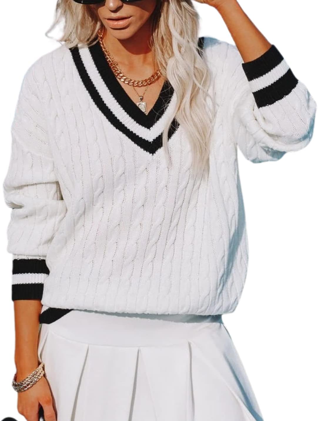 Women's Casual V Neck Long Sleeve Sweater Trendy Striped Pullover Cable Knit Preppy Sweaters Small White