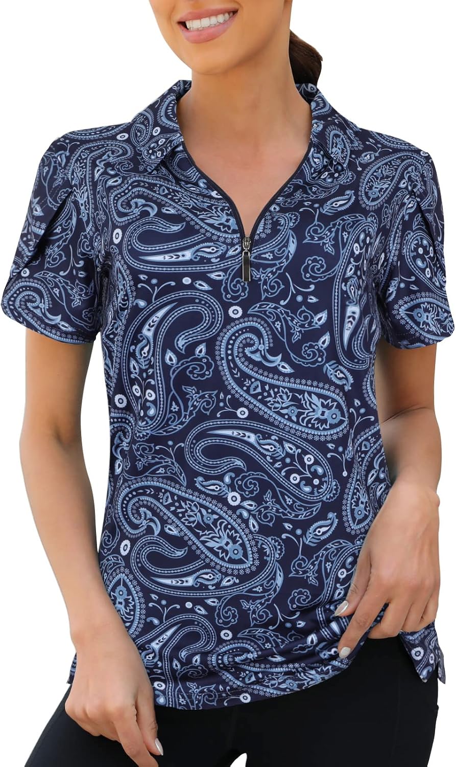 Womens Golf Polo Shirts 1/4 Zip Up Overlap Short Sleeve Quick Dry Workout Tops 3X-Large Plaisley Blue