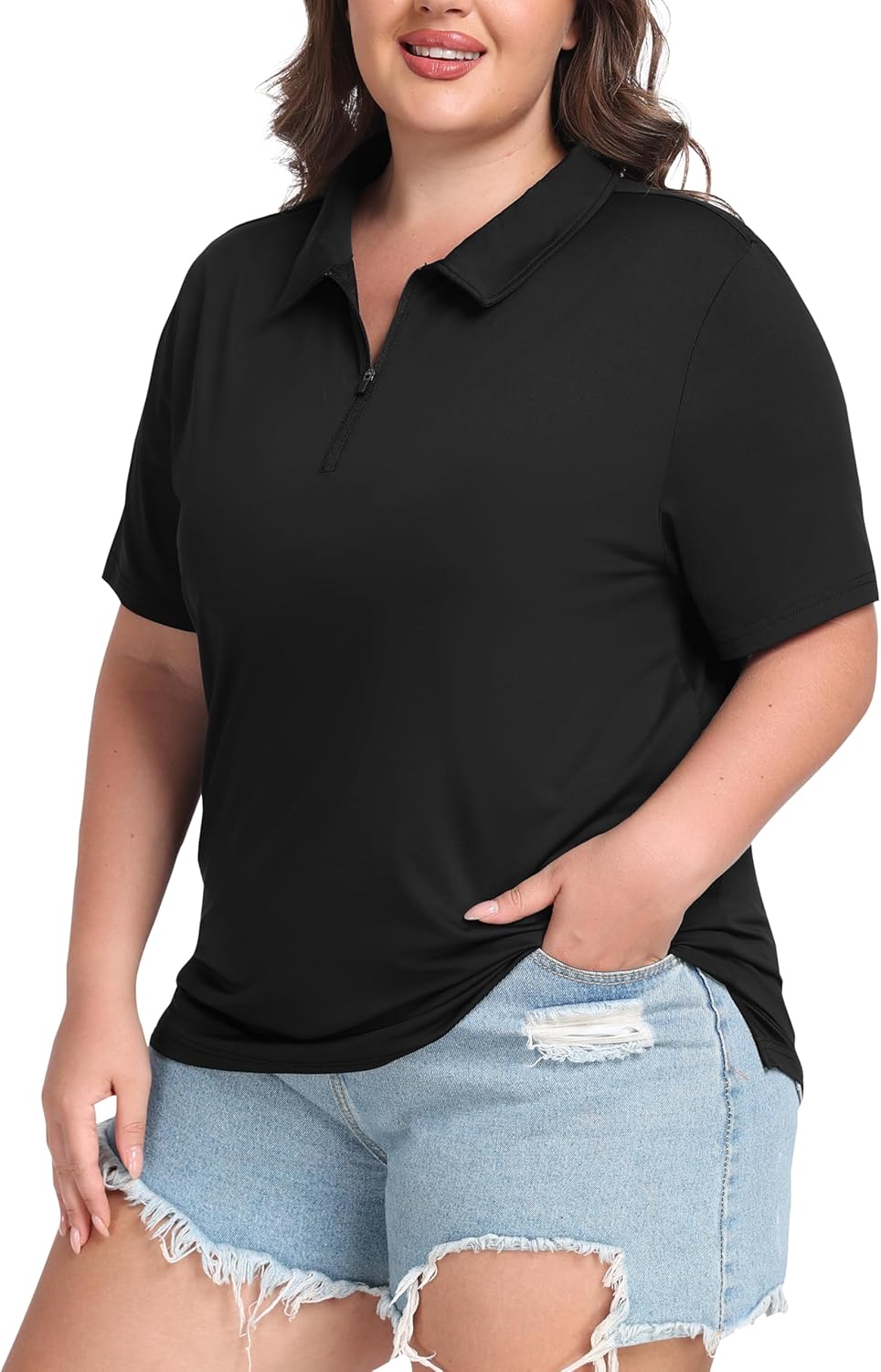 Plus Size Golf Polo Shirts for Women Zip Up Short Sleeve Collared Tennis Workout Tops Sport Athletic Activewear XL-5XL Black 5X-Large Plus