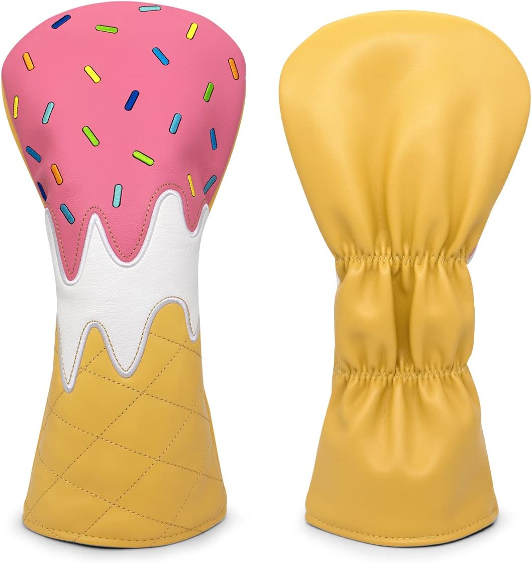 Golf Wood Head Covers Driver Cover 3 Wood Headcover Hybrid Head Covers Embroidery Ice Cream Design Golf Club Headcovers Leather Hand-Made Wood Head Cover for Driver (1pcs)