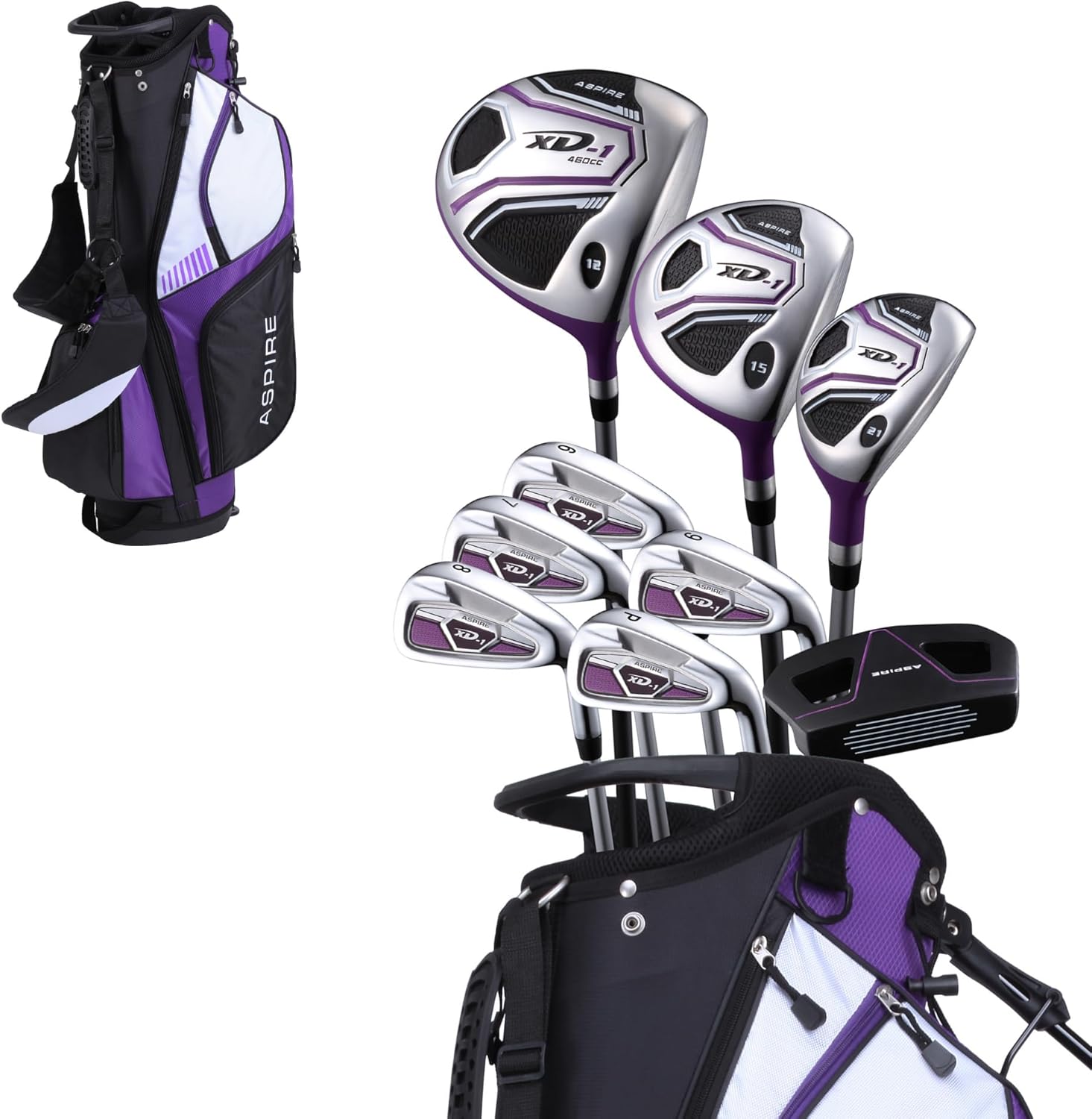 XD1 Womens Golf Clubs Full Set, Includes Driver, Fairway, Hybrid, 6-PW Irons, Putter, Stand Bag, 3 H/C's, Ultra-Light Graphite Shafts, Golf Clubs Women Right Handed, Comes in 3 Sizes, Purple