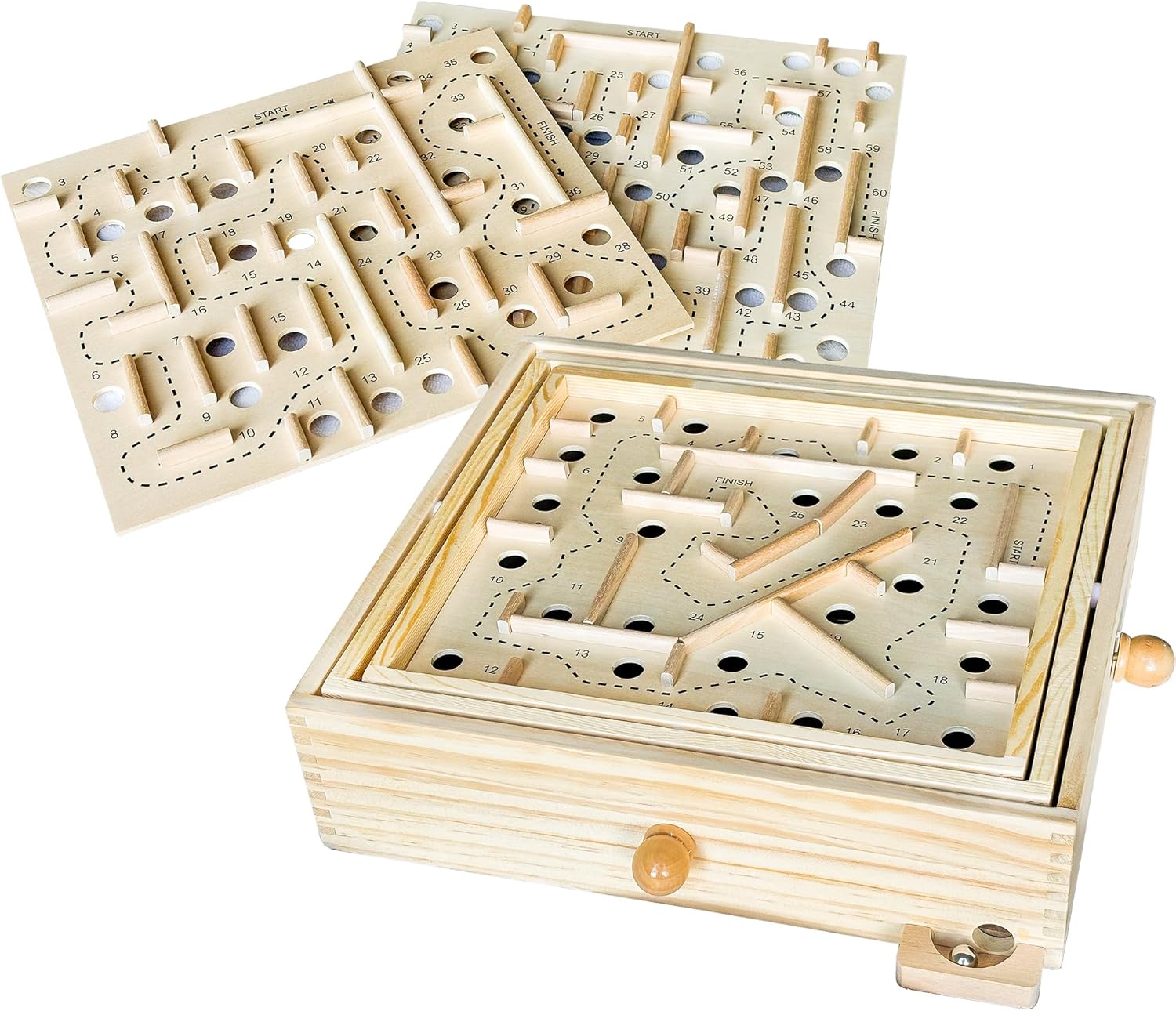 Games Wooden Labyrinth with 3 Swappable Boards – Classic Maze Game with 60, 36, and 25 Waypoints – Wooden Tilt Puzzle with Knob Control and 3 Steel Marbles for Kids Age 6+