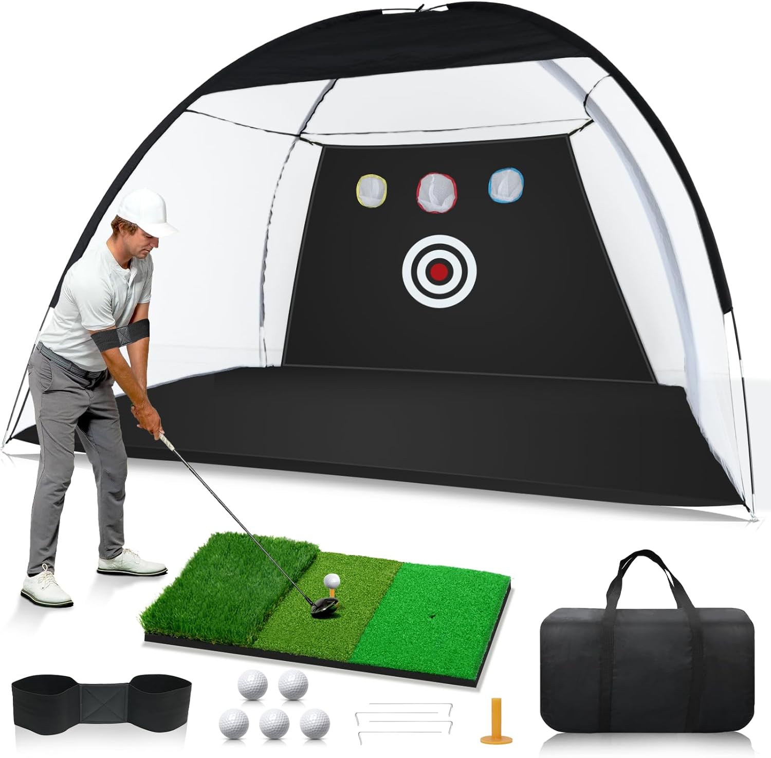 Golf Net: 10 x 7ft Golf Hitting Practice Net for Backyard Driving, Indoor & Outdoor Chipping Training Net with Mat, Targets & Balls, Ideal Gifts for Him Men Dad Husband Grandpa Boys Golfers