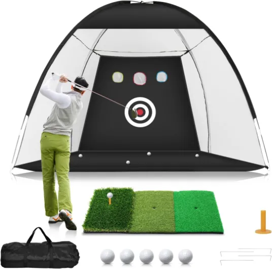 Golf Net, 10x7ft Practice Net with Tri-Turf Mat, All-in-1 Home Golf Hitting Aid for Backyard Driving Chipping Swing Training, Black 10*7ft