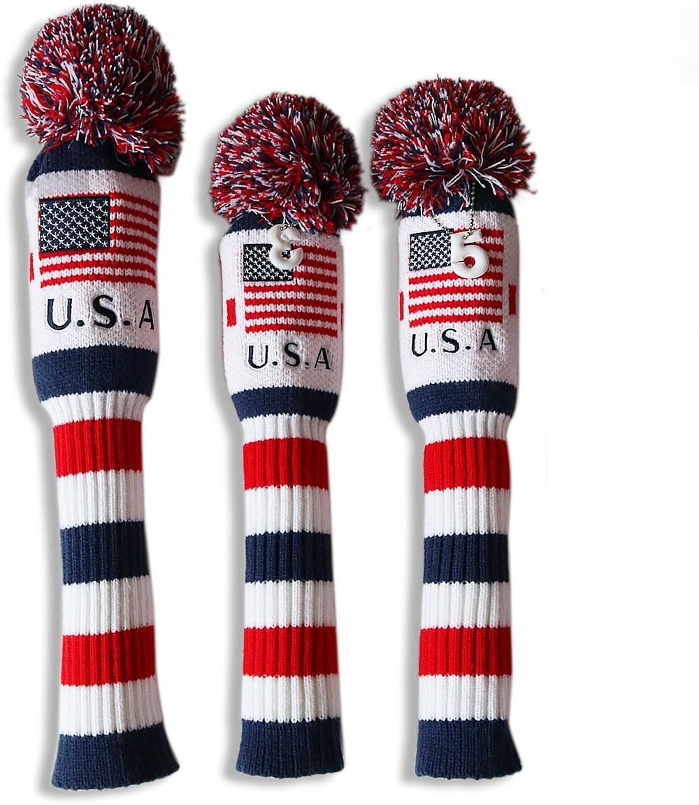US Flag Knit Pom Pom White Blue Red Driver,Fairway Wood, Hybrid Head Cover Headcover for Callaway Mizuno Cobra Taylormade 3pcs(#1,3,5)