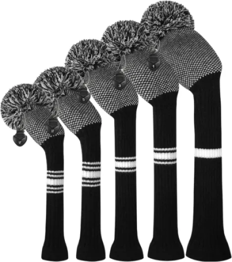 Knit Golf Club Cover for Woods and Driver Set of 5 Head Covers Protect Driver Wood(460cc)* 1 Fairway Wood*2 and Hybrid/UT*2 with Rotating Club Number Tags Dot Black White