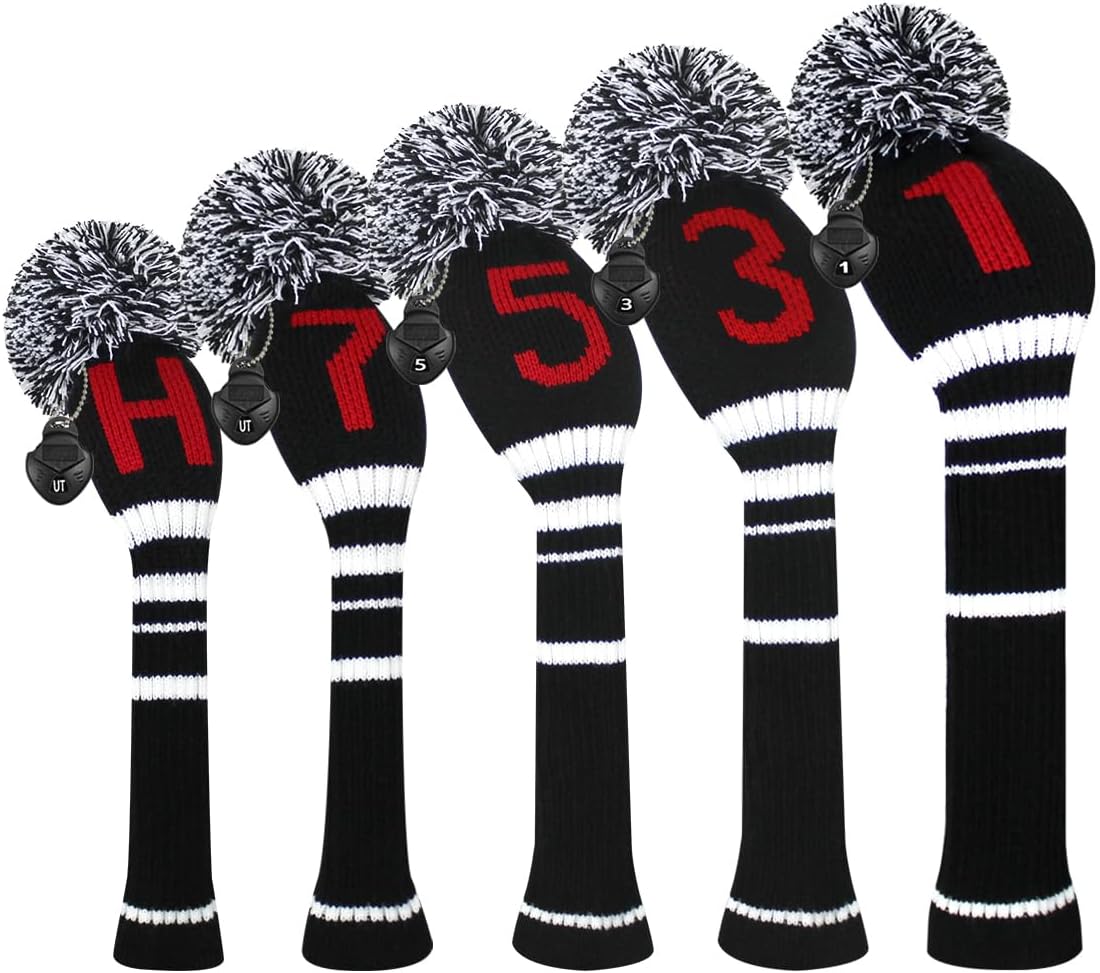 Golf Headcover Set of 5 PCS, Driver Wood Cover *1, Fairway Wood Cover *2, Hybrid Cover * 2, with Rotating Number Tags Black Red
