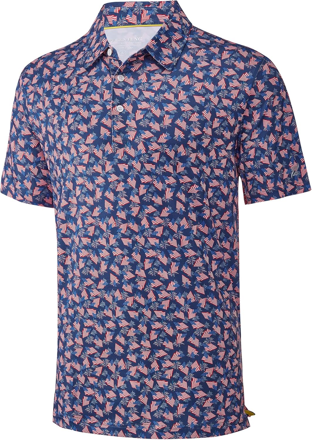 Mens Golf Shirt Short Sleeve Dry Fit Print Moisture Wicking Performance Patterns Collared Polo Shirt Navy American Flag Large