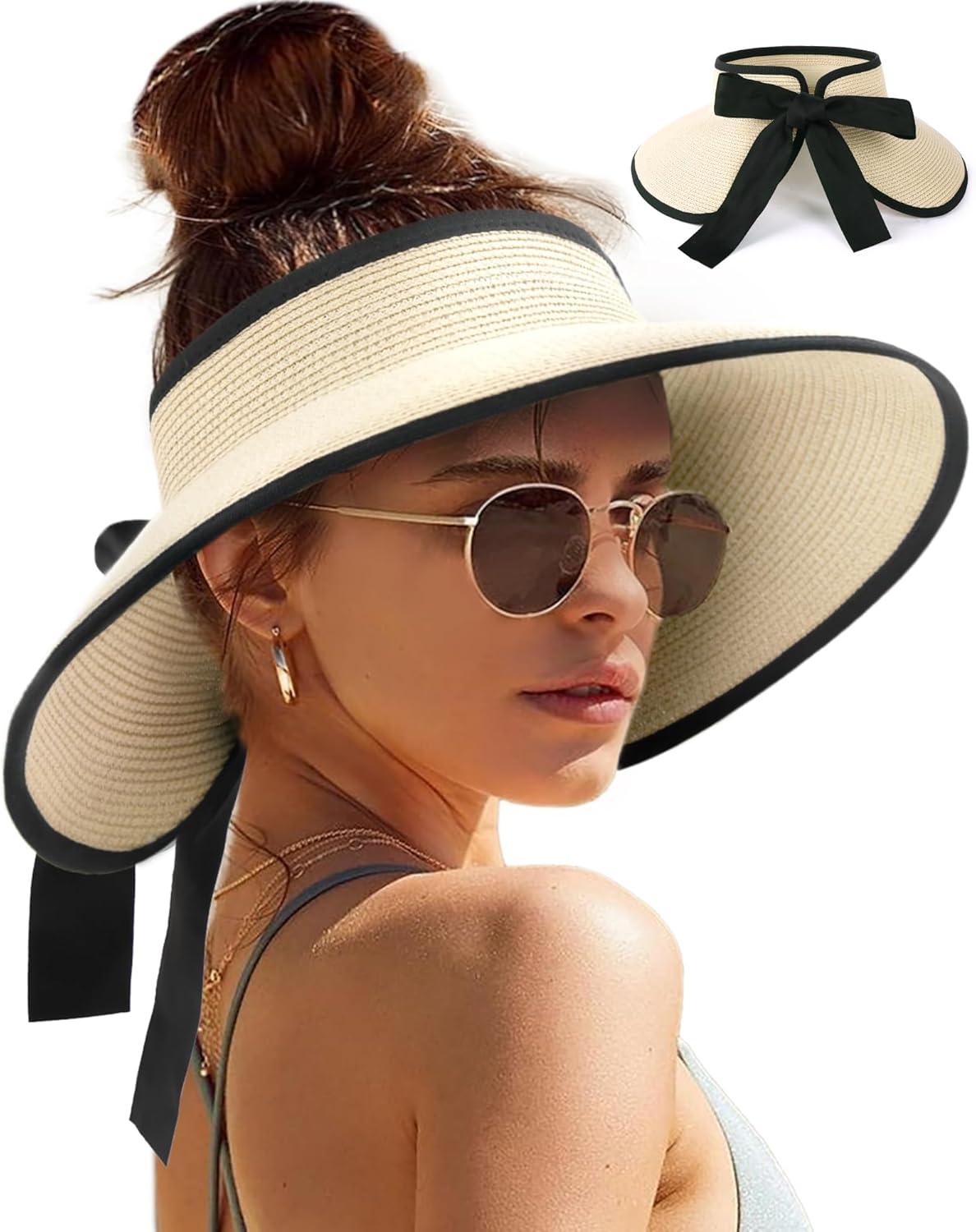 Sun Visors for Women Wide Brim Beach Hat Foldable Straw Visor Hat Ponytail Summer Packable UPF 50+ One Size Beige