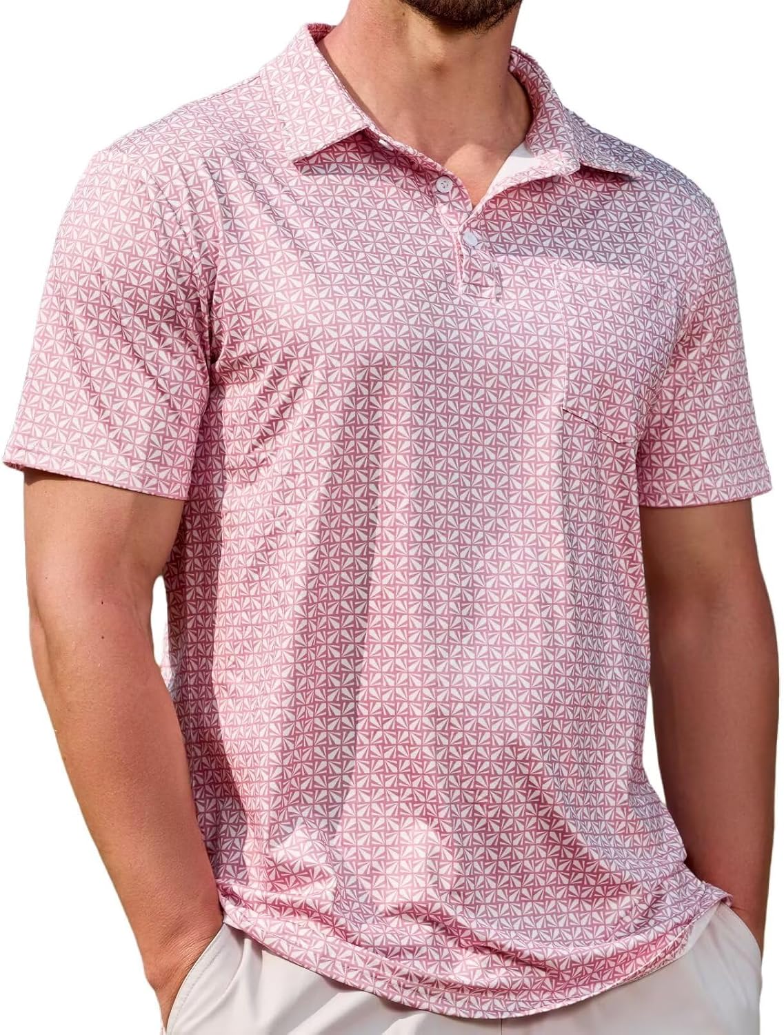 Mens Golf Shirt Short Sleeve Dry Fit Print Moisture Wicking Performance Patterns Collared Polo Shirt with Pocket Pink Medium
