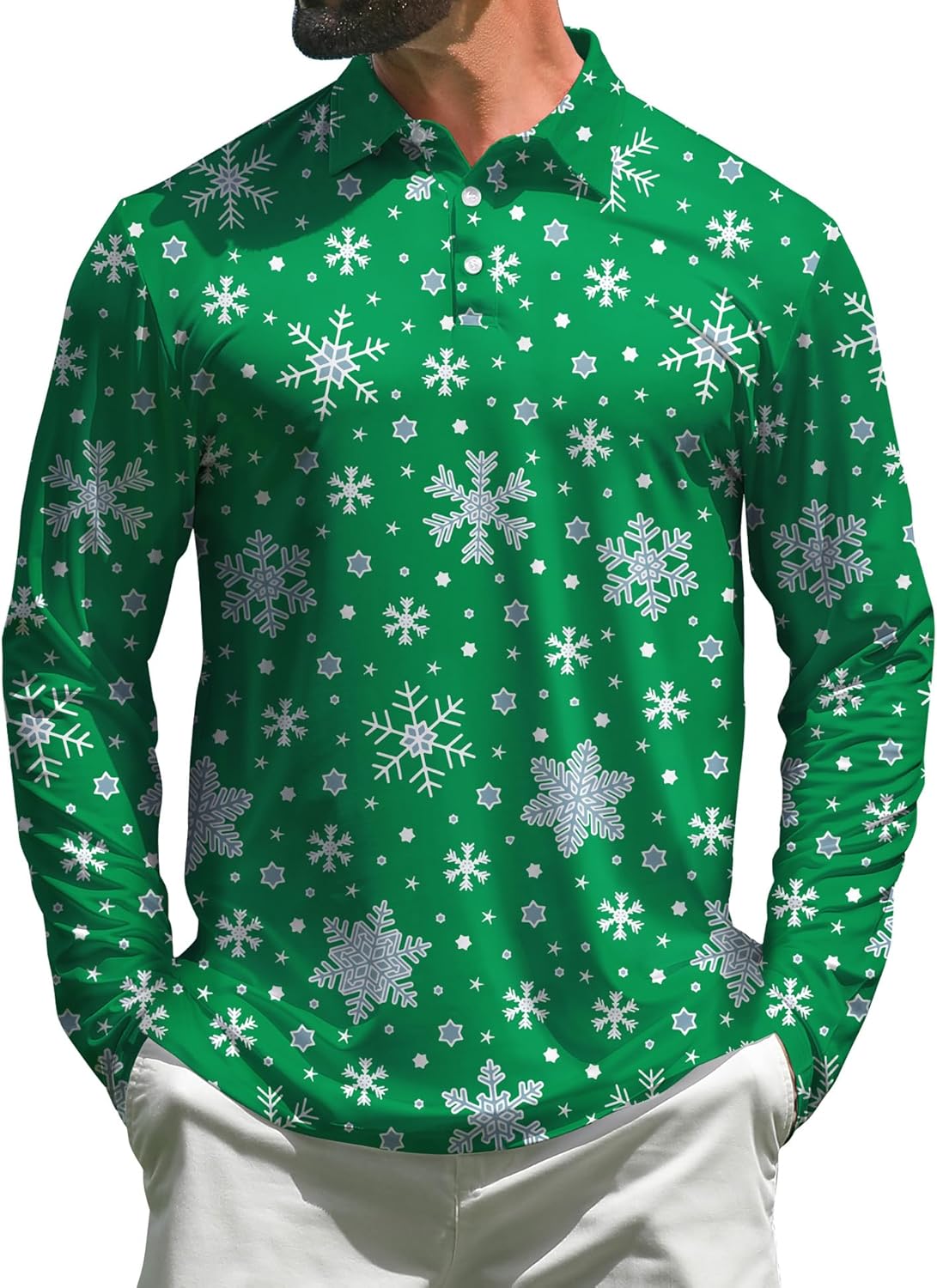 Mens Golf Shirts Long Sleeve Print Performance Polo Shirts Moisture Wicking Dry Fit Golf Polo for Men 159 Snowflake Green X-Large