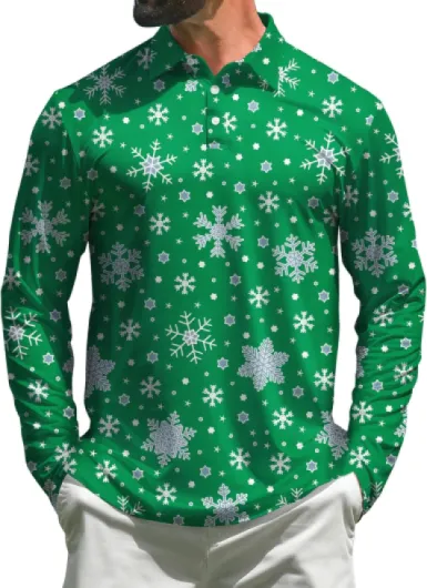 Mens Golf Shirts Long Sleeve Print Performance Polo Shirts Moisture Wicking Dry Fit Golf Polo for Men 159 Snowflake Green X-Large