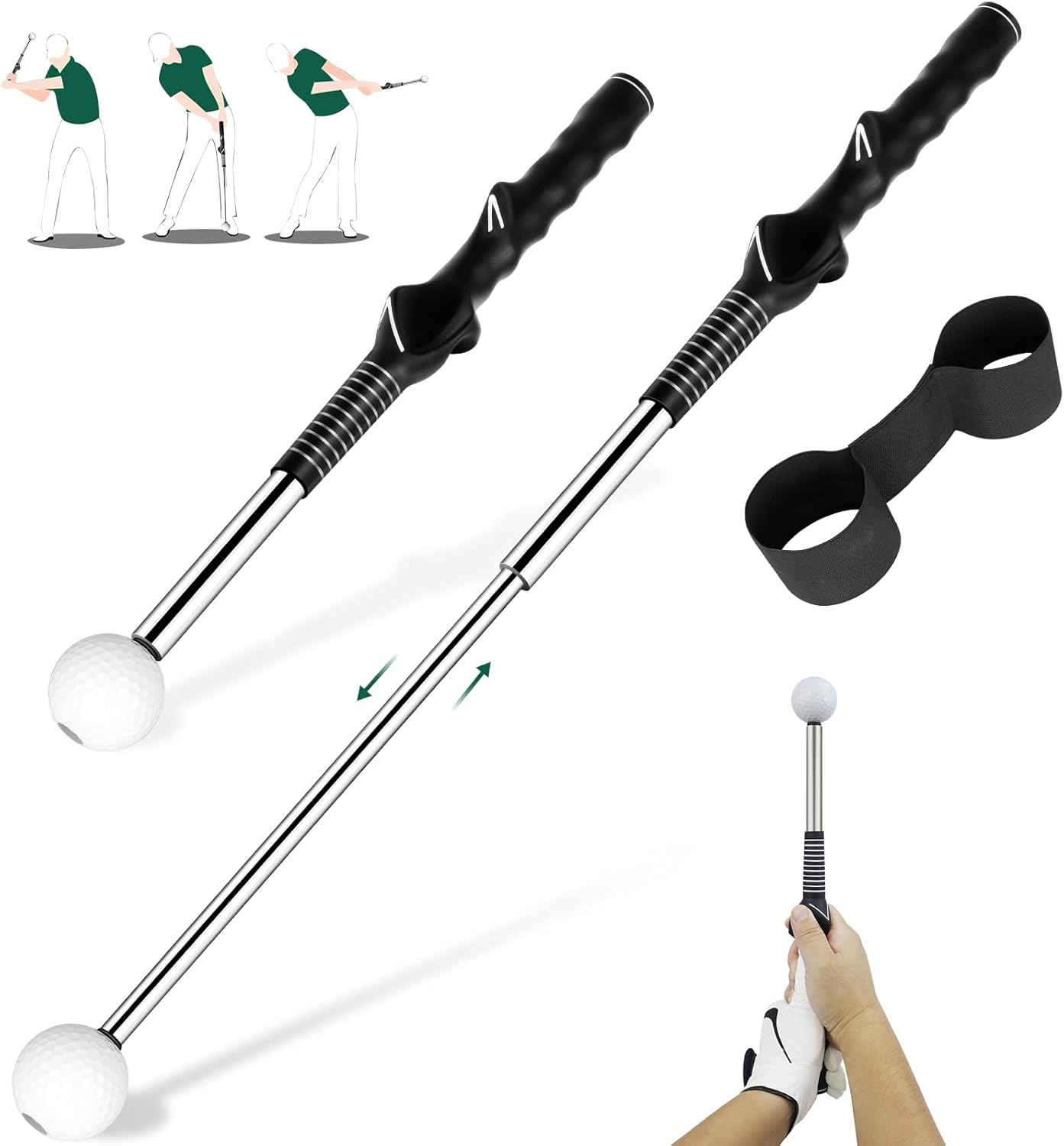 Golf Grip Swing Training Aid - Retractable Click Club Trainer Indoor Practice Warm Up Stick Flexible Telescopic Short Club Tempo Sound Release Trainer Devices Black-For Right Hand