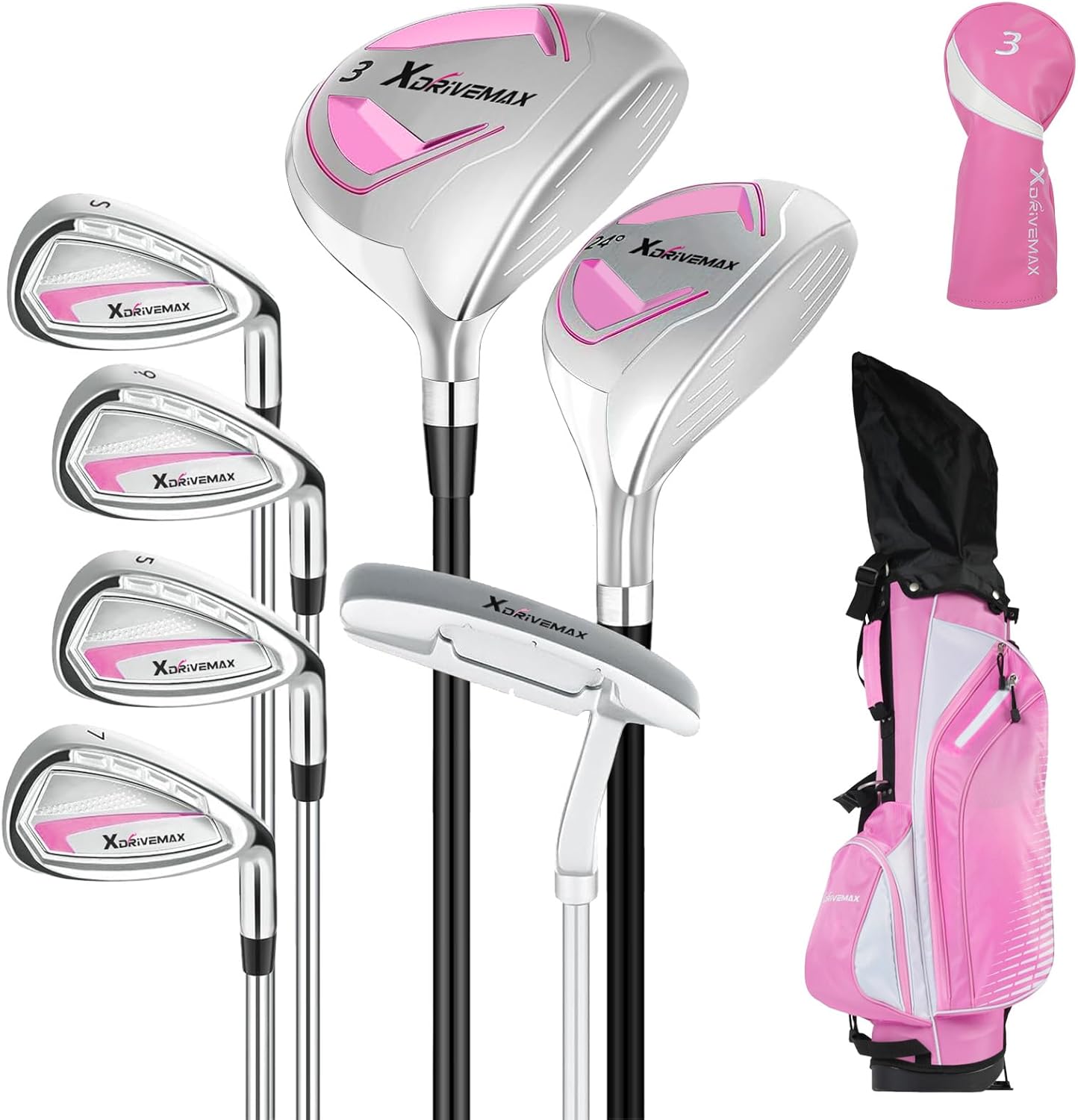 8 Pieces Complete Golf Club Set for Men Left or Right Handed – Mens Golf Clubs Full Set with Fairway Wood, Hybrid, Irons, Putter & Lightweight Bag – Beginner Friendly, Best Value, Distance & Accuracy Left Hand Women - Pink