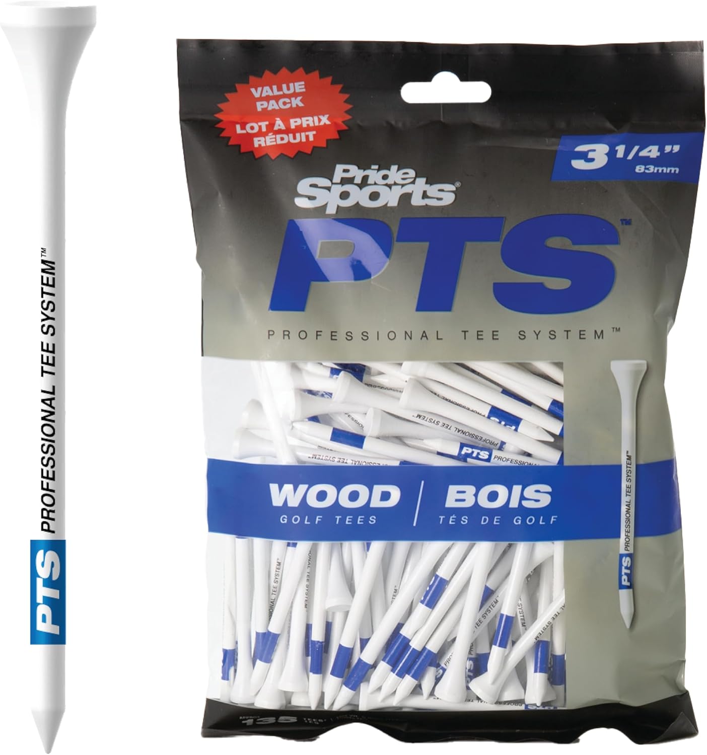 PTS Wood Golf Tees - 135 Count, 3-1/4 Inch - #1 Wood Tee on Tour - Best for Drivers & Woods 3-1/4" 135 Count