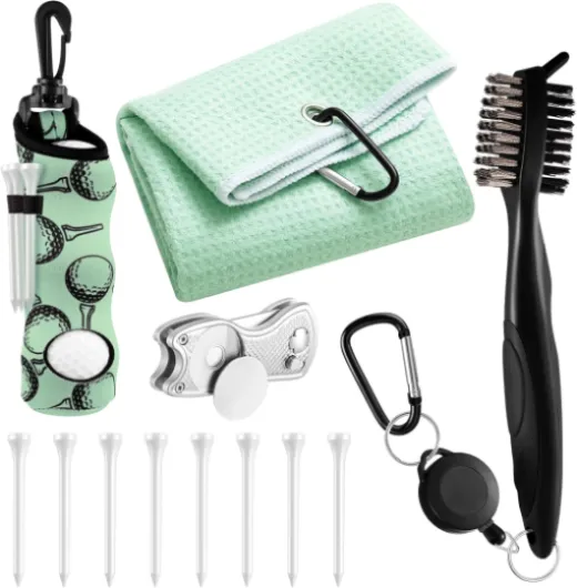12 Pcs Golf Accessories Kit, Include Golf Ball Bag with Hook Towel Tees Magnetic Ball Marker Divot Tool Cleaner Brush for Women Man Gifts Plain Light Green