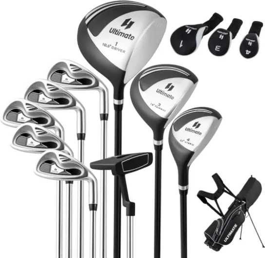 9/10/12 Pieces Men's Complete Golf Clubs Set, Golf Club Package Set with 460CC Driver, Fairway Wood & Hybrid, Irons, Putter, Portable Regular Golf Club Set Right 10.5 Degrees Graphite & Stainless Steel Regular Black