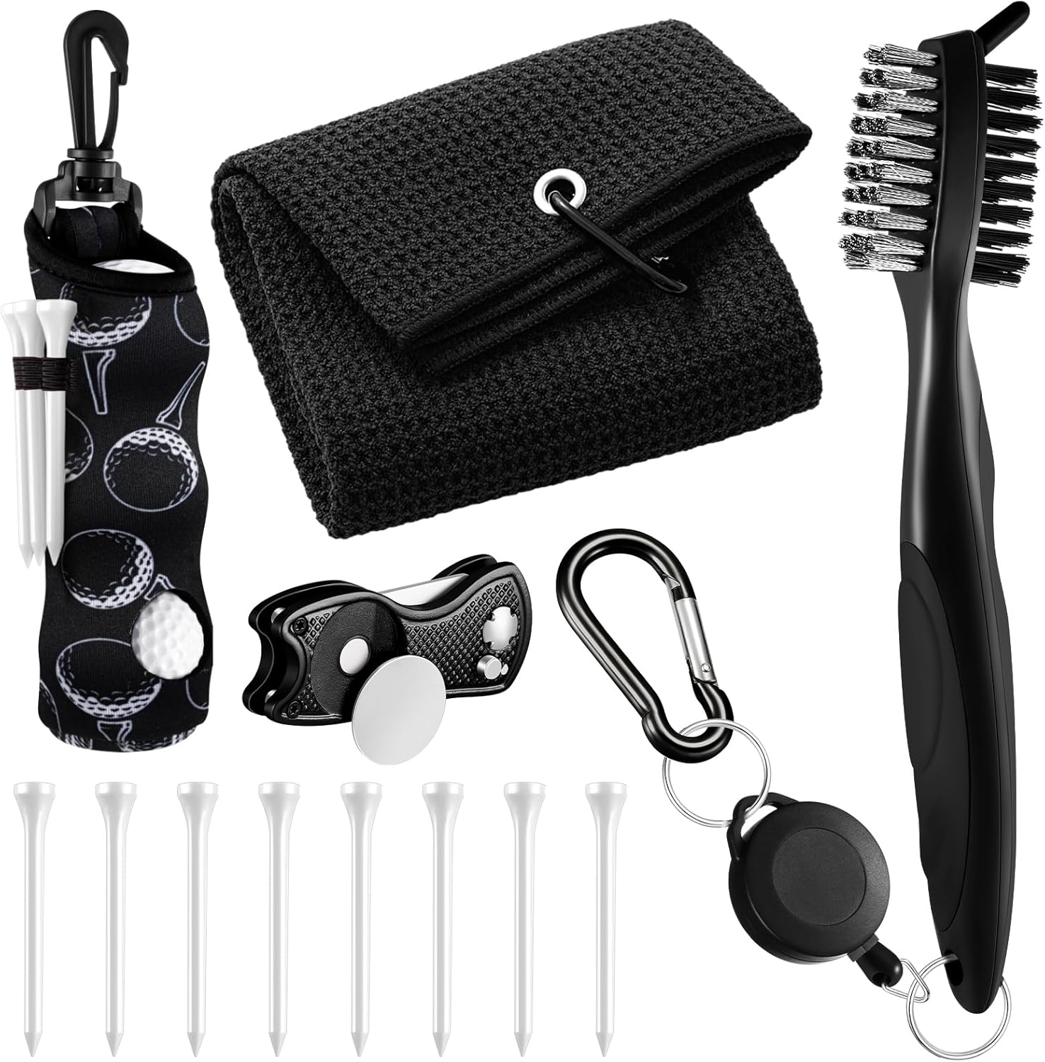 12 Pcs Golf Accessories Kit, Include Golf Ball Bag with Hook Towel Tees Magnetic Ball Marker Divot Tool Cleaner Brush for Women Man Gifts Plain Black