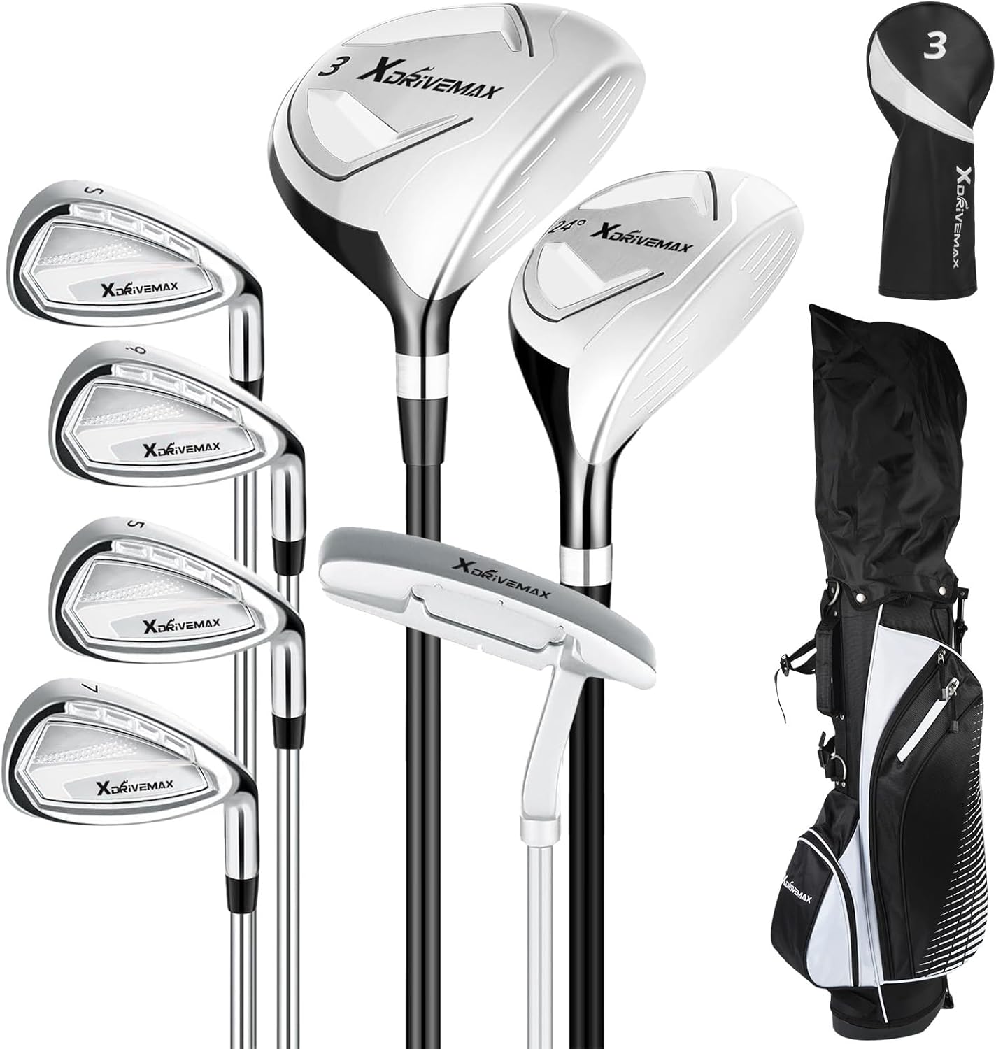 8 Pieces Complete Golf Club Set for Men Left or Right Handed – Mens Golf Clubs Full Set with Fairway Wood, Hybrid, Irons, Putter & Lightweight Bag – Beginner Friendly, Best Value, Distance & Accuracy Left Hand Men - White