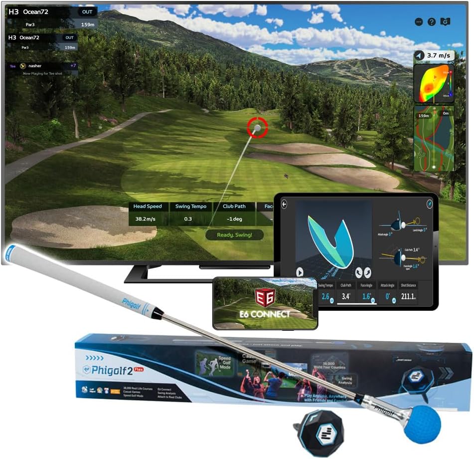Home Golf Game Simulator: Enjoy Interactive Golf with Motion Sensor & Swing Stick for Indoor & Outdoor Fun – 38,000+ Courses Worldwide, Compatible with Android, iOS, App & E6 Connect Phigolf2 Flex