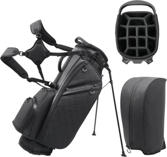 Golf Stand Bag with 14 Way Full Length Dividers, PU Leather Golf Bag for Men, Luxury Lightweight Waterproof Golf Bags with Stand, 6 Pockets & Cooler Pouch, Adjustable Dual Straps, Rain Cover Hood