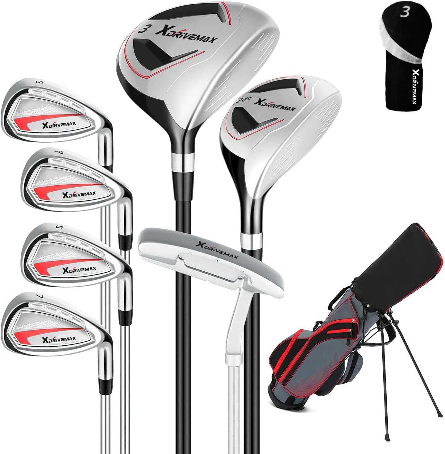 8 Pieces Complete Golf Club Set for Men Left or Right Handed – Mens Golf Clubs Full Set with Fairway Wood, Hybrid, Irons, Putter & Lightweight Bag – Beginner Friendly, Best Value, Distance & Accuracy Left Hand Men - Red