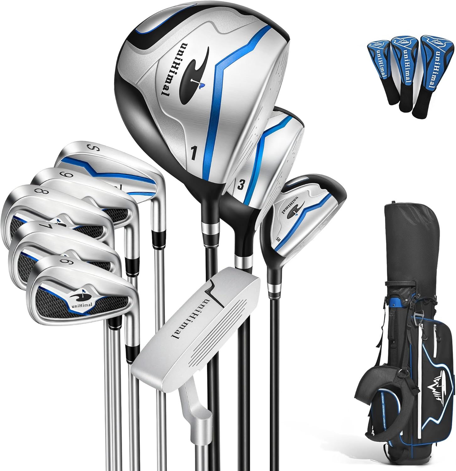 Men’s Golf Club Set, Right Hand – 13–16 Piece Complete Set with Driver, Woods, Hybrids, Irons, PW, SW, Putter, Stand Bag and Headcovers 9 Pcs Clubs