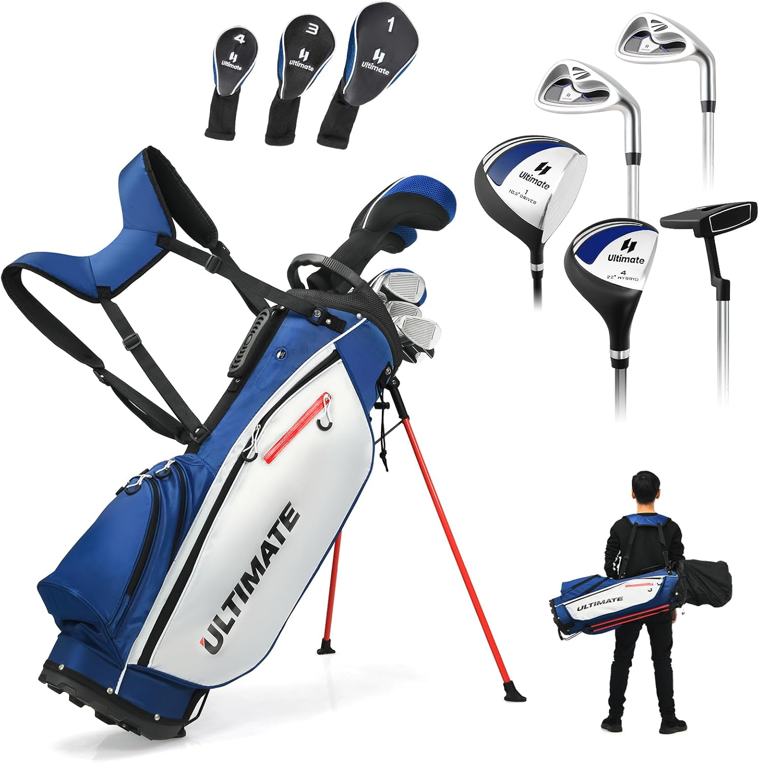 Men's Complete Golf Club Set – Right-Handed, 9/11-Piece Full Set Including 460cc #1 Driver, #3 Fairway Wood, Hybrid, #6, #7, #8, #9, #P Irons, and a Precision Putter 9 Pieces w/ Bag - Blue