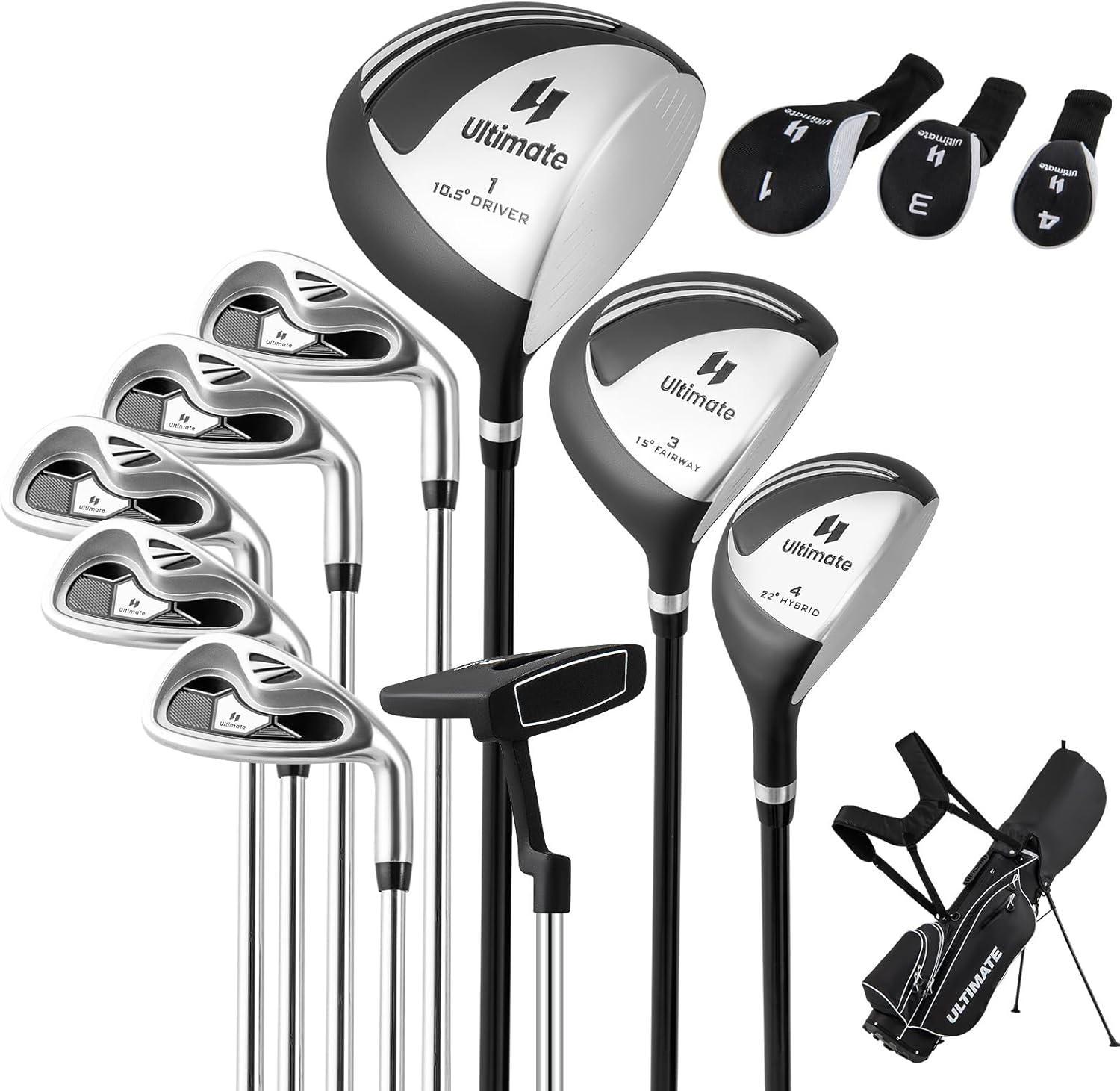 10 Pieces Men's Complete Golf Clubs Set, Golf Club Package Set with 460CC Driver, Fairway Wood & Hybrid, Irons, Putter, Portable Regular Golf Club Set Black