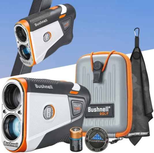 Bushnell Golf Tour V6 Shift Laser Rangefinder Patriot Pack - Slope Compensation, PinSeeker, Magnetic Mount, 6X Magnification, 1300 Yard Range, 3D Flyovers in App, Signature Series Golf Towel Golf Towel Bundle