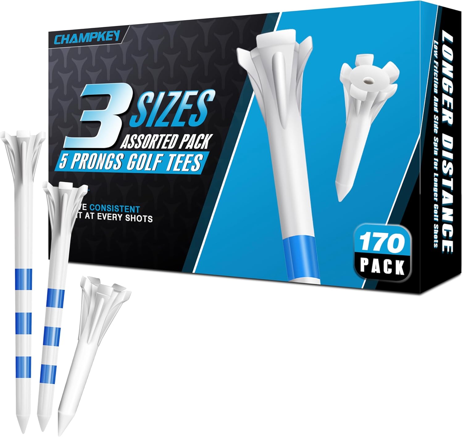 Professional 170 Pack 5-Prong Plastic Golf Tees 3 Sizes Assorted Pack - 100 Pcs 3-1/4" with 40 Pcs 2-3/4" and 30Pcs 1-1/2" Golf Tees Plastic White