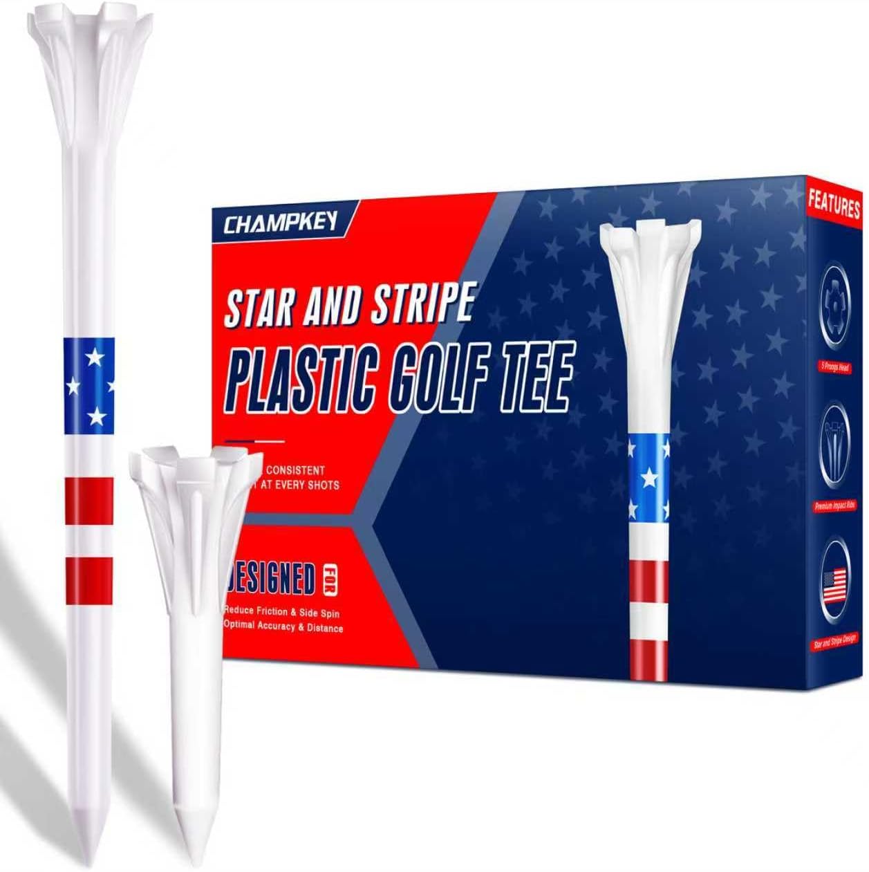 5-Prong Plastic Golf Tees 120 Pack - Star and Stripe Marking System Golf Plastic Tees - Includes 100 Pcs 3-1/4" and 20 Pcs 1-1/2" Plastic GLF Tees