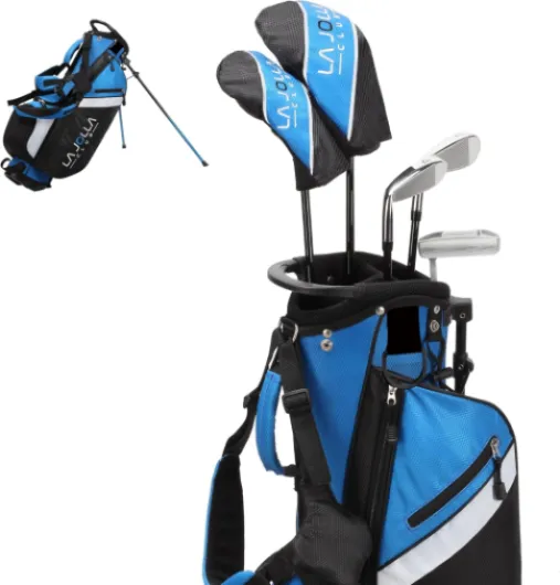 Junior Golf Set – Lightweight Alloy Driver, Stainless Steel Irons & Zinc Putter - Includes Dual-Strap Stand Bag 9–10 Years (Blue) Right