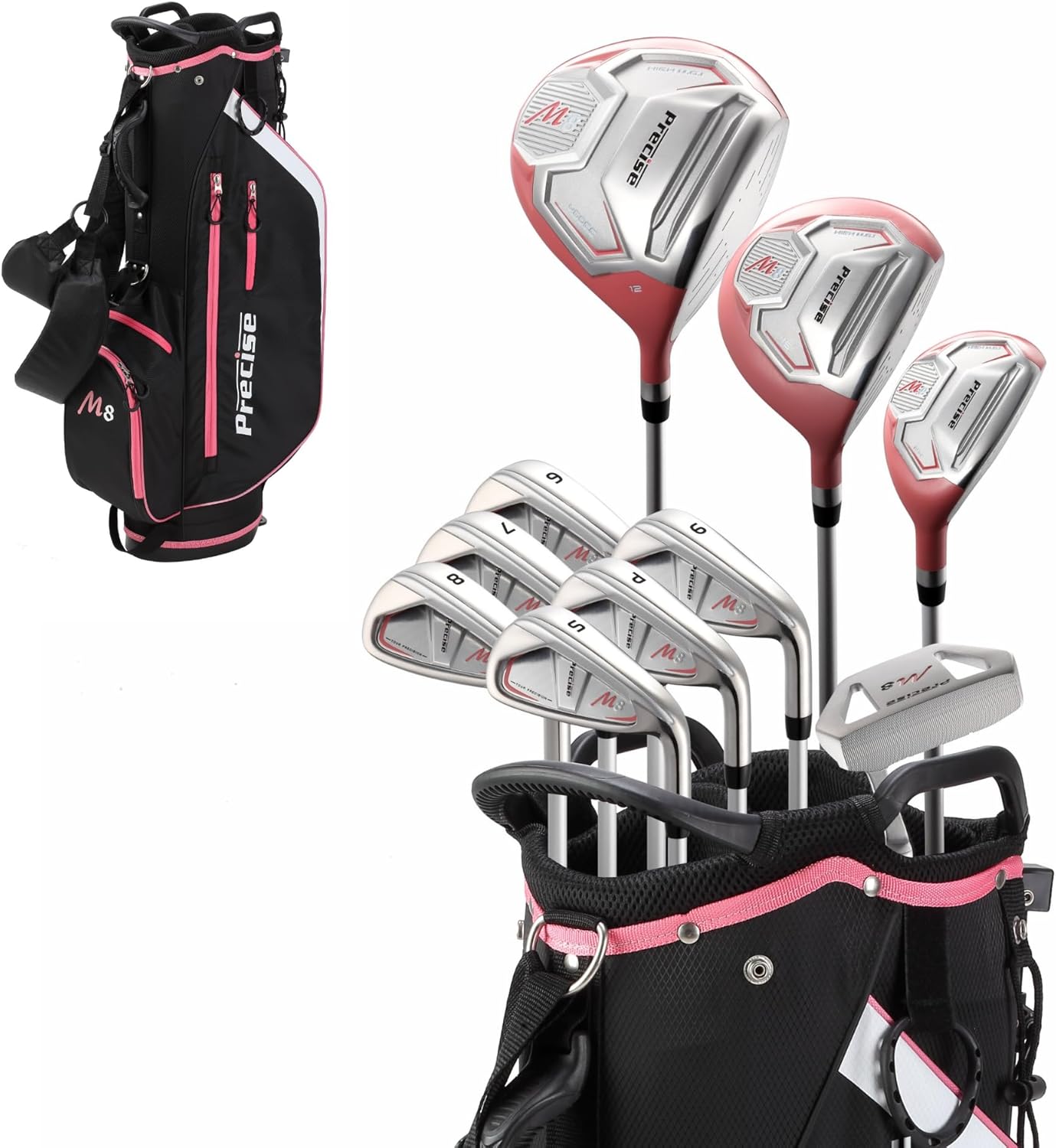 M8 15-Piece Womens Golf Club Full Set, Driver, Wood, Hybrid, Irons, Putter & Stand Bag, Lightweight & Durable Kevlar Graphite Shafts, Golf Clubs Women Right Handed, Regular & Petite Sizes Right Hand - Petite Size