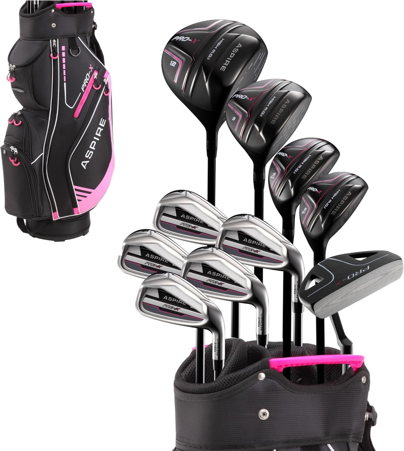 PRO-X 16-Piece Womens Golf Club Set, Includes Titanium F Driver, #3 Fairway Wood, 4-5 Hybrids, 7-SW Irons, Putter, Cart Bag, 4 H/C's, Golf Clubs Women Right Handed, Regular & Petite Sizes Petite Size Right