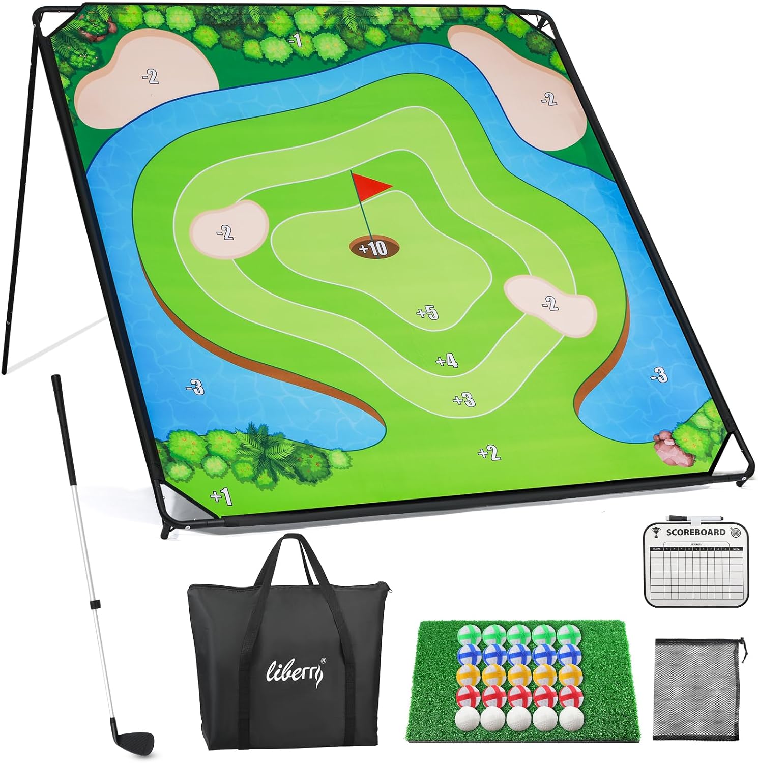 Golf Chipping Game with Large Chipping Mat, Upgraded Adjustable Golf Club, 25 Sticky Balls, Outdoor Indoor Sports Toy Gifts for Adults Kids, Family Yard Target Game chipping mat with upgraded club
