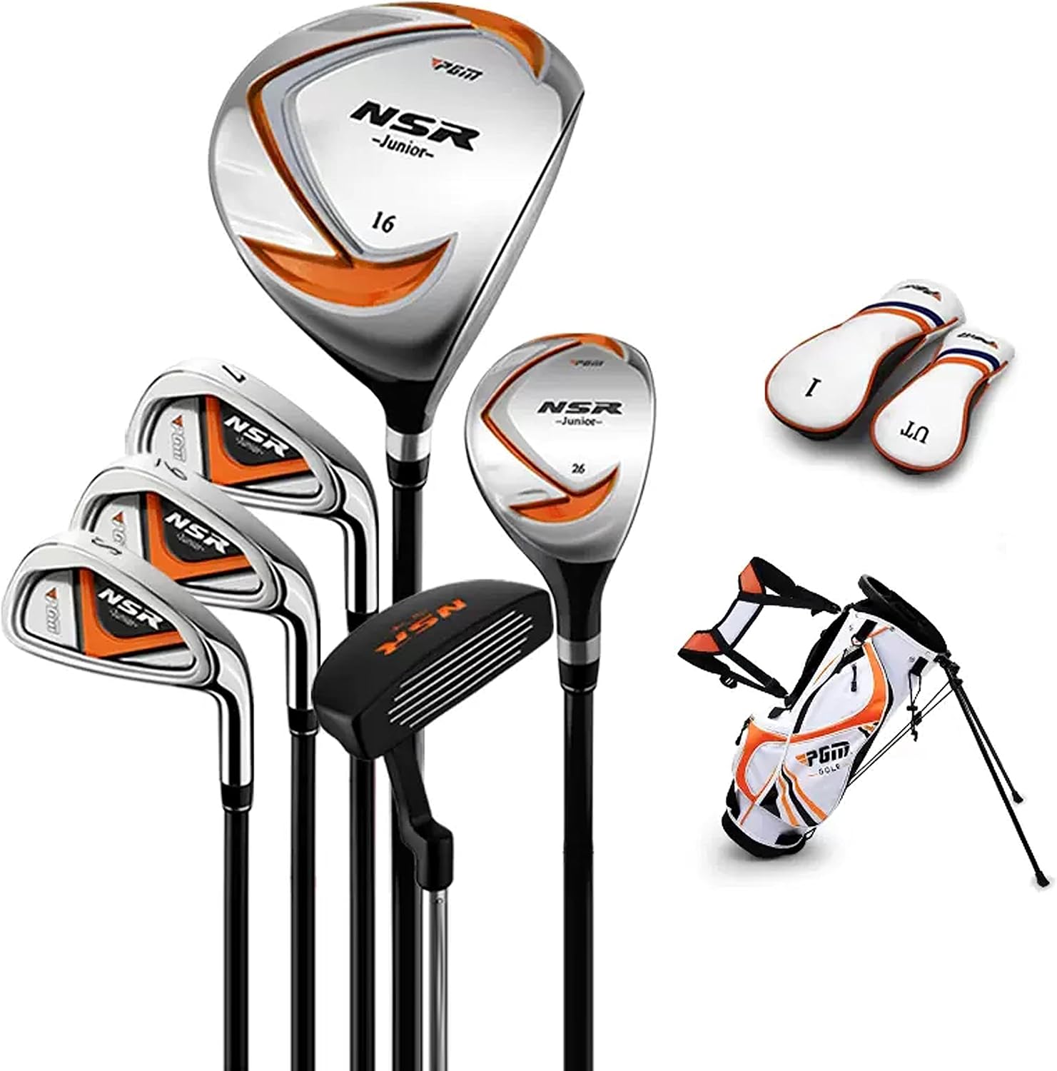 Golf Club Set - 9 Pieces Junior Complete Golf Club Set for Kids Children - Right Handed - Driver(#1), Hybrid, Iron(#7,#9,#S), Putter, Golf Stand Bag Height：3'9'' - 4'5'' Black&Orange