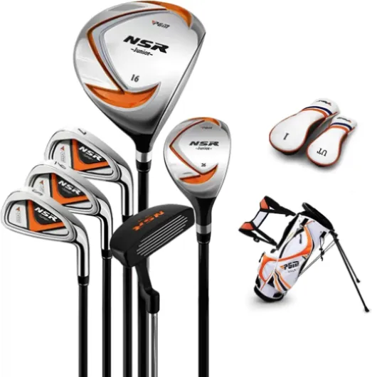 Golf Club Set - 9 Pieces Junior Complete Golf Club Set for Kids Children - Right Handed - Driver(#1), Hybrid, Iron(#7,#9,#S), Putter, Golf Stand Bag Height：3'9'' - 4'5'' Black&Orange