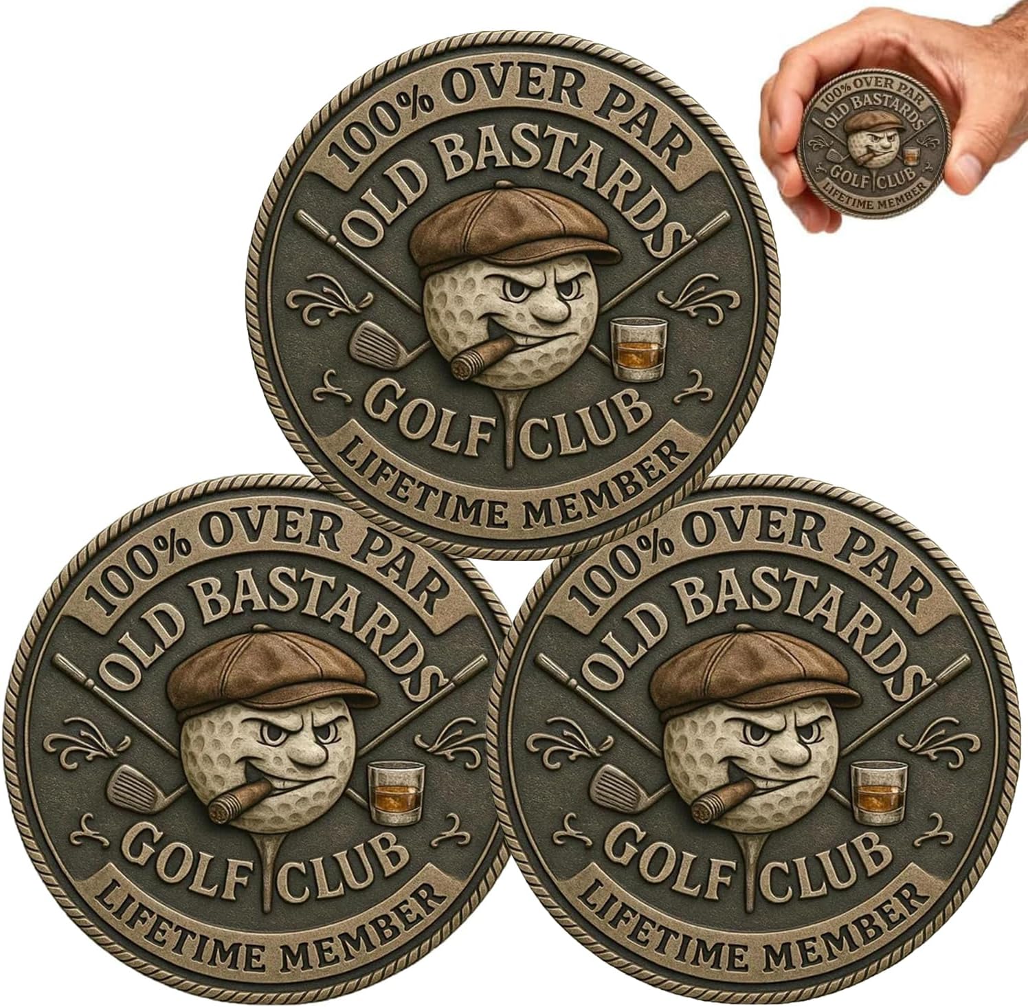 Old Bastards Golf Coin, Over Par Old Bastards Golf Club Coin, Funny Golf Challenge Coin for Men with Whiskey Design, Gag Gift for Golfs Player (3PCS)
