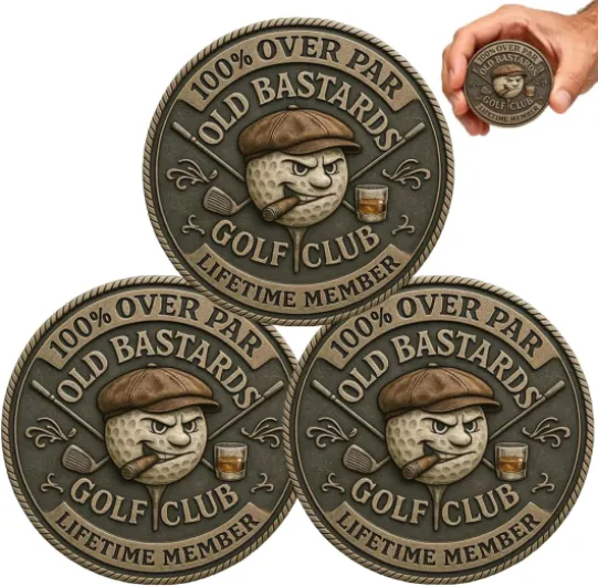 Old Bastards Golf Coin, Over Par Old Bastards Golf Club Coin, Funny Golf Challenge Coin for Men with Whiskey Design, Gag Gift for Golfs Player (3PCS)