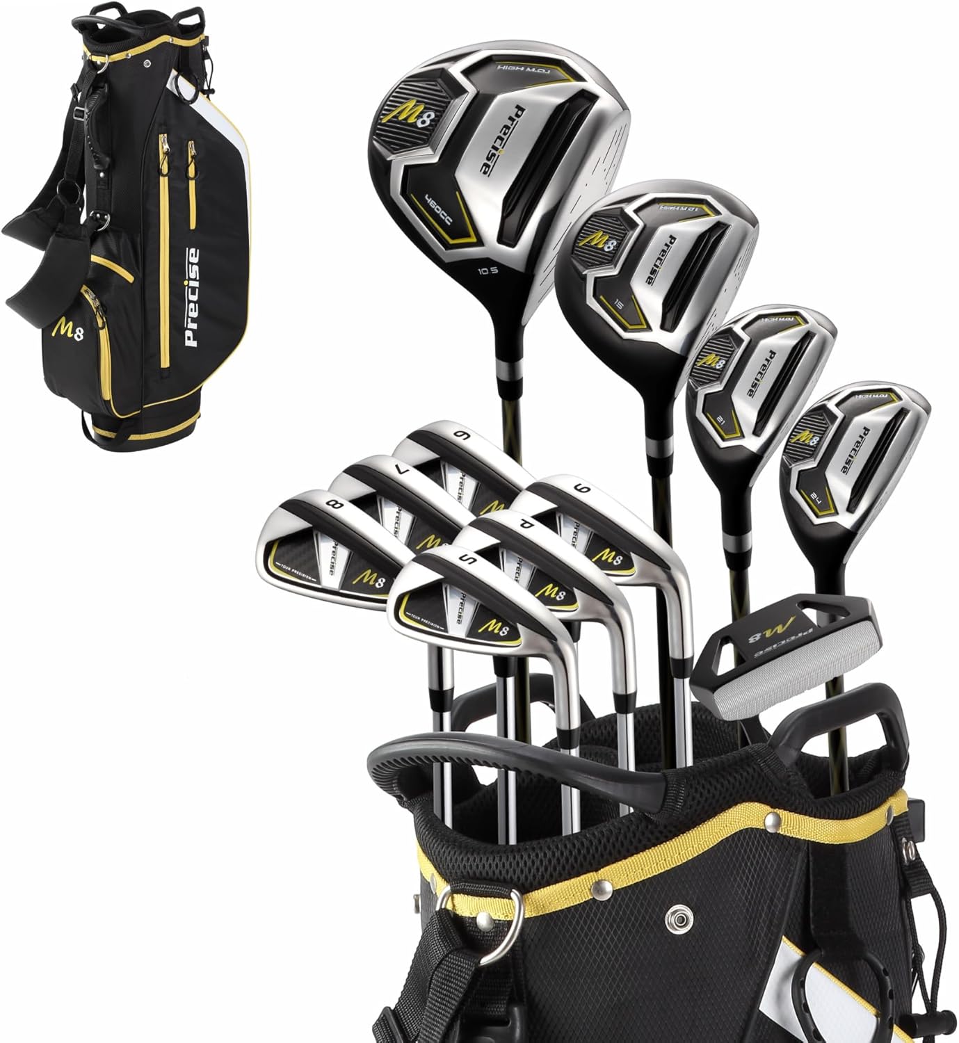 M8 Men’s 17-Piece Golf Set – Driver, Woods, Hybrids, Irons (6-SW), Putter, Stand Bag, 4 Headcovers and Rainhood – K-G Lite Kevlar Shafts Right Hand - Regular Size