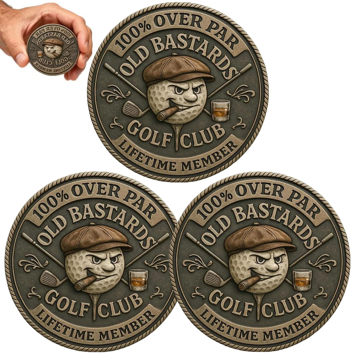 Old Bastards Golf Coin, Over Par Old Bastards Golf Club Coin, Funny Golf Challenge Coin for Men with Whiskey Design, Gag Gift for Golfs Player and Lover (3PCS)