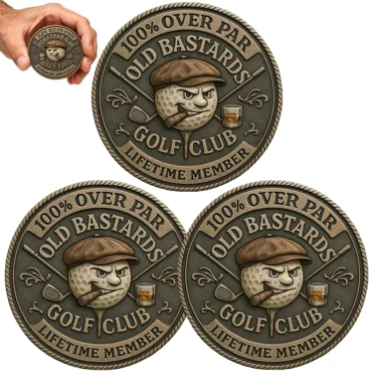 Old Bastards Golf Coin, Over Par Old Bastards Golf Club Coin, Funny Golf Challenge Coin for Men with Whiskey Design, Gag Gift for Golfs Player and Lover (3PCS)
