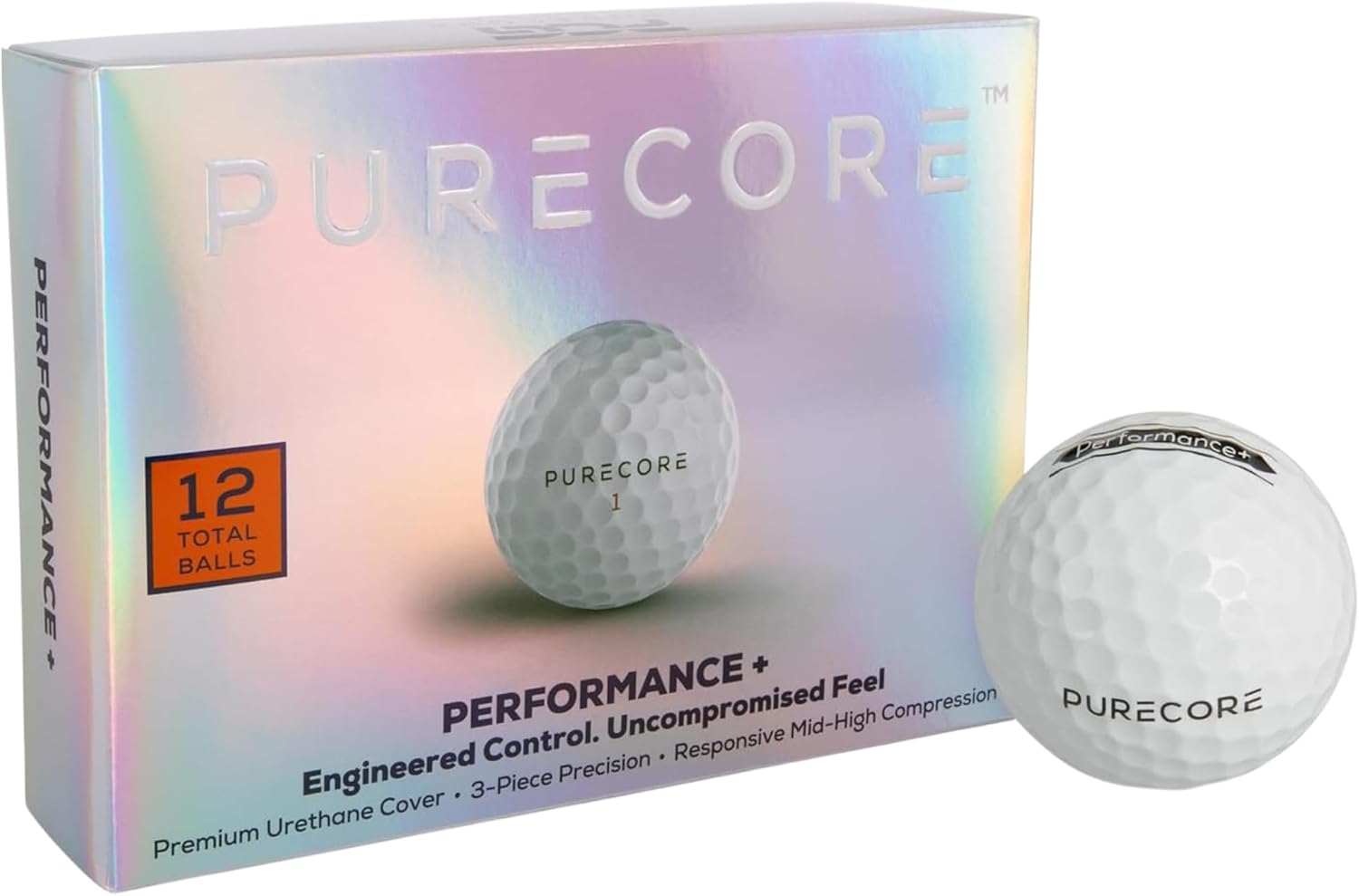 PURECORE Performance+ Distance Golf Balls – Premium 3-Piece Urethane - 98 Compression - Extra Soft Feel, Predictable Flight, Balanced Spin & Consistent Distance