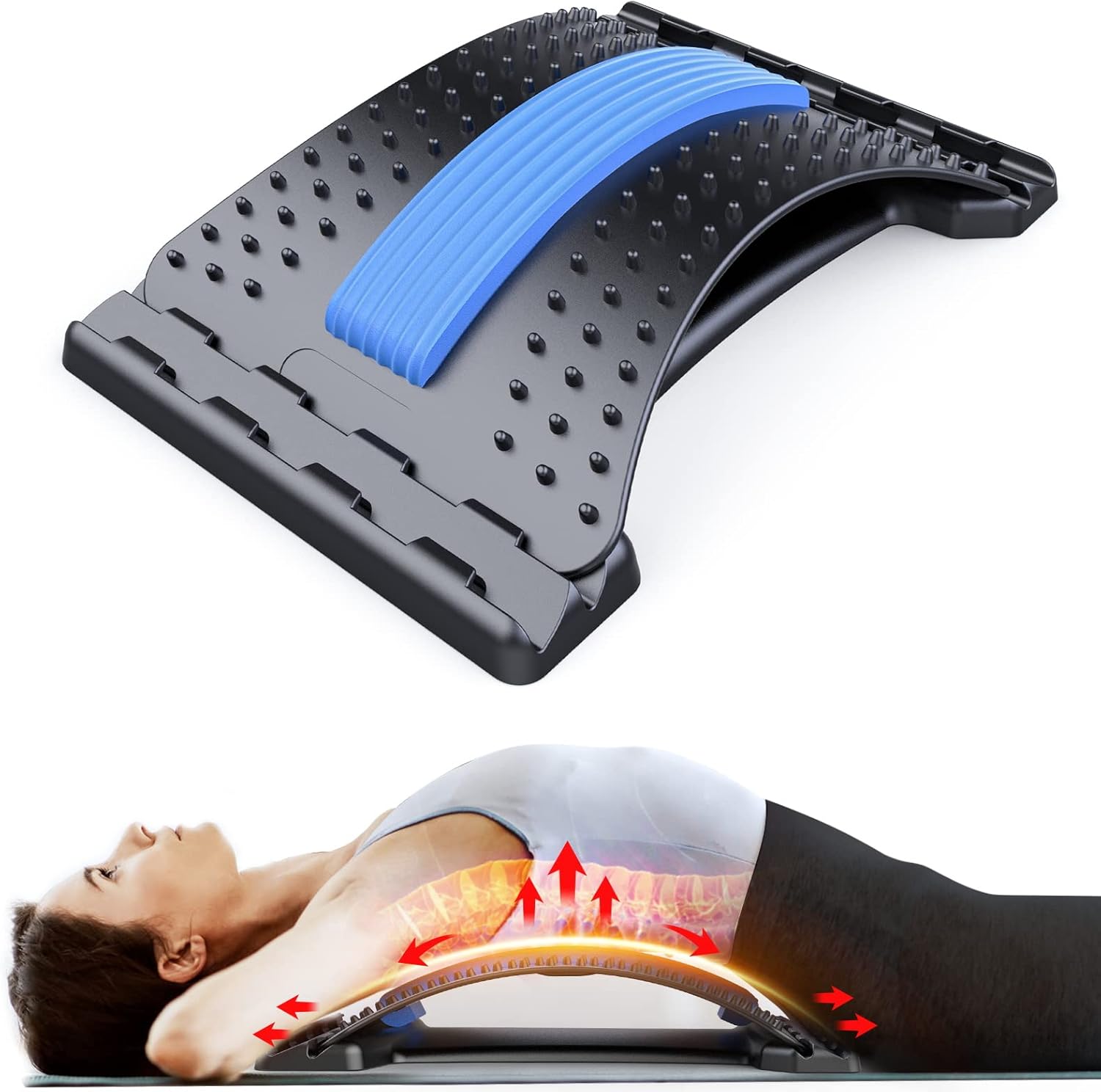Back Stretcher for Lower Back Pain Relief, 3 Level Adjustable Lumbar Back Cracker Board, Back Cracking Device, Back Massager for Scoliosis, Spine Decompression Black