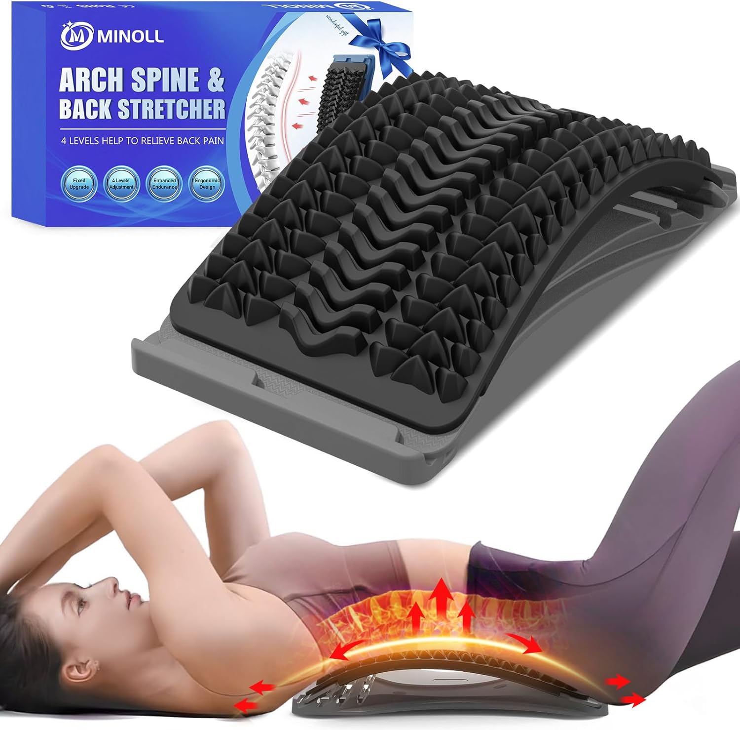 Back Stretcher for Lower Back Pain Relief, 4 Level Adjustable Arch Lumbar Back Cracker Board, Back Cracking Device, Back Massager for Scoliosis, Spine Decompression Support - Grey 4 Level-grey