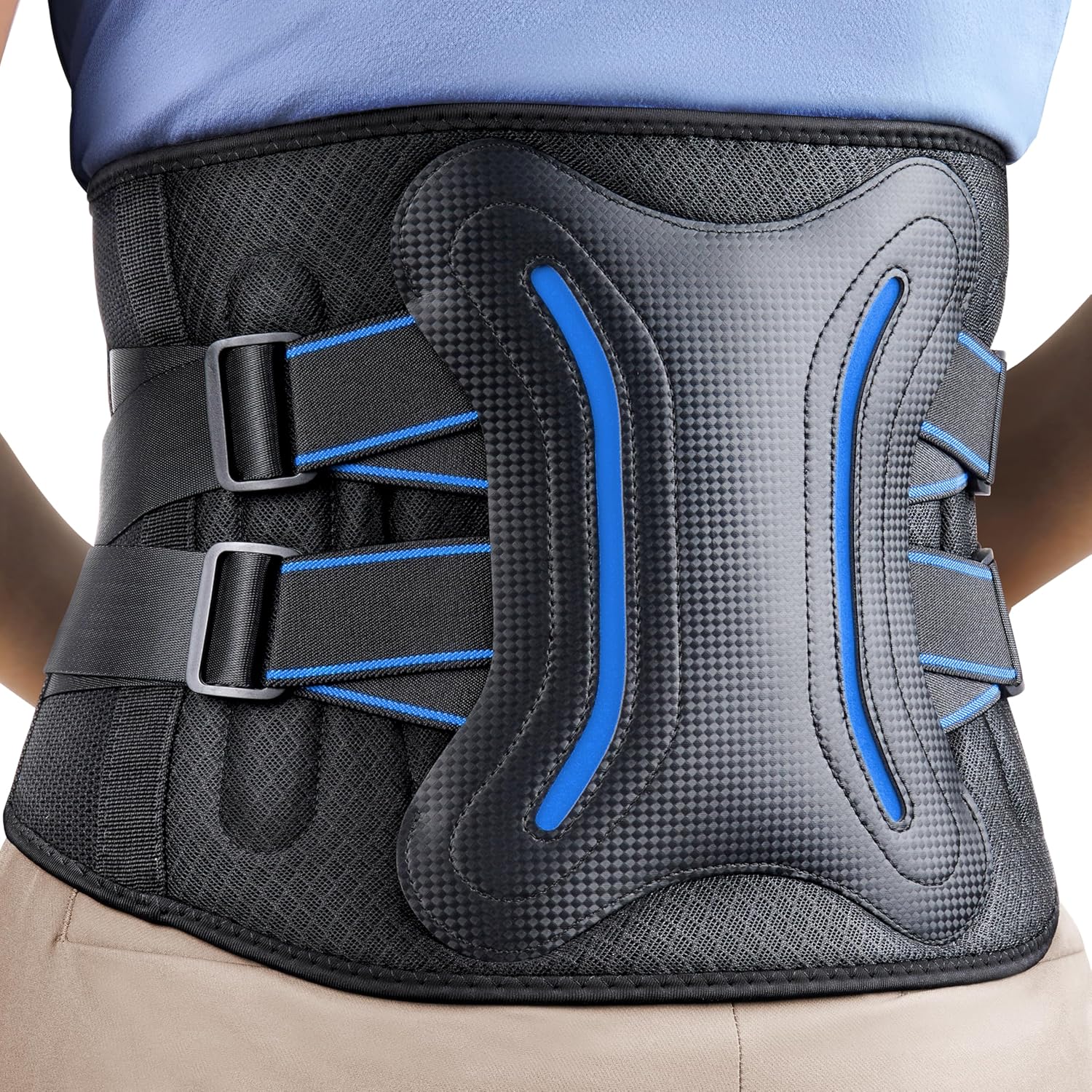 Lower Back Brace with 5 Reinforced Stays for Women and Men, Adjustable Snug-Fit Lumbar Support Belt for Work, Size L, Waist 34.3-38inches Large Black